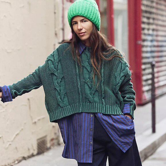 Free People NWT In a Daze Uncut Emerald Cotton Oversized Crop Sweater Sm - Picture 1 of 16